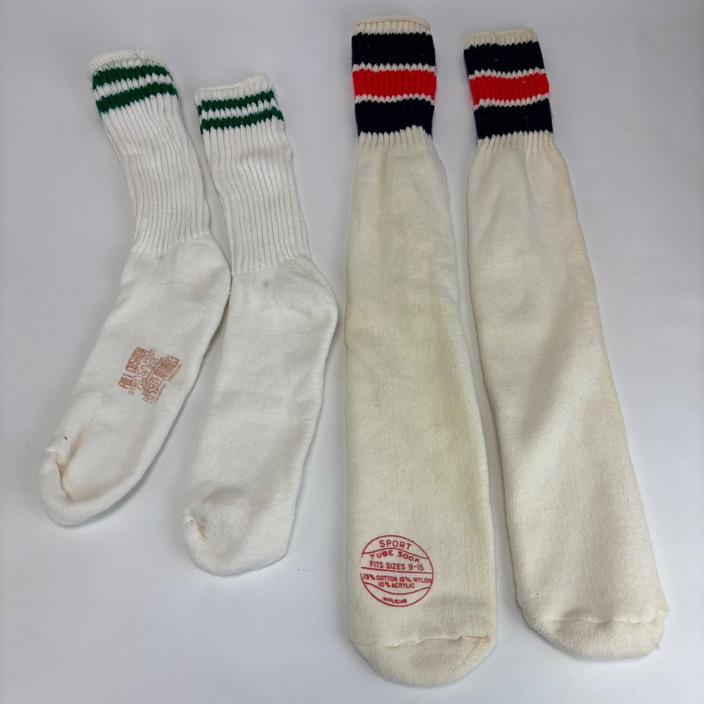 Vintage Athletic Tube Socks White Striped‎ Tube Crew 2 Pair Bundle Sport 80s